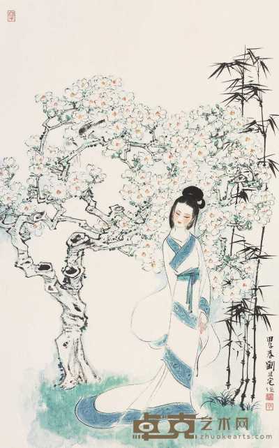 刘旦宅 甲子（1984年）作 花下春思 立轴 69×42.4cm